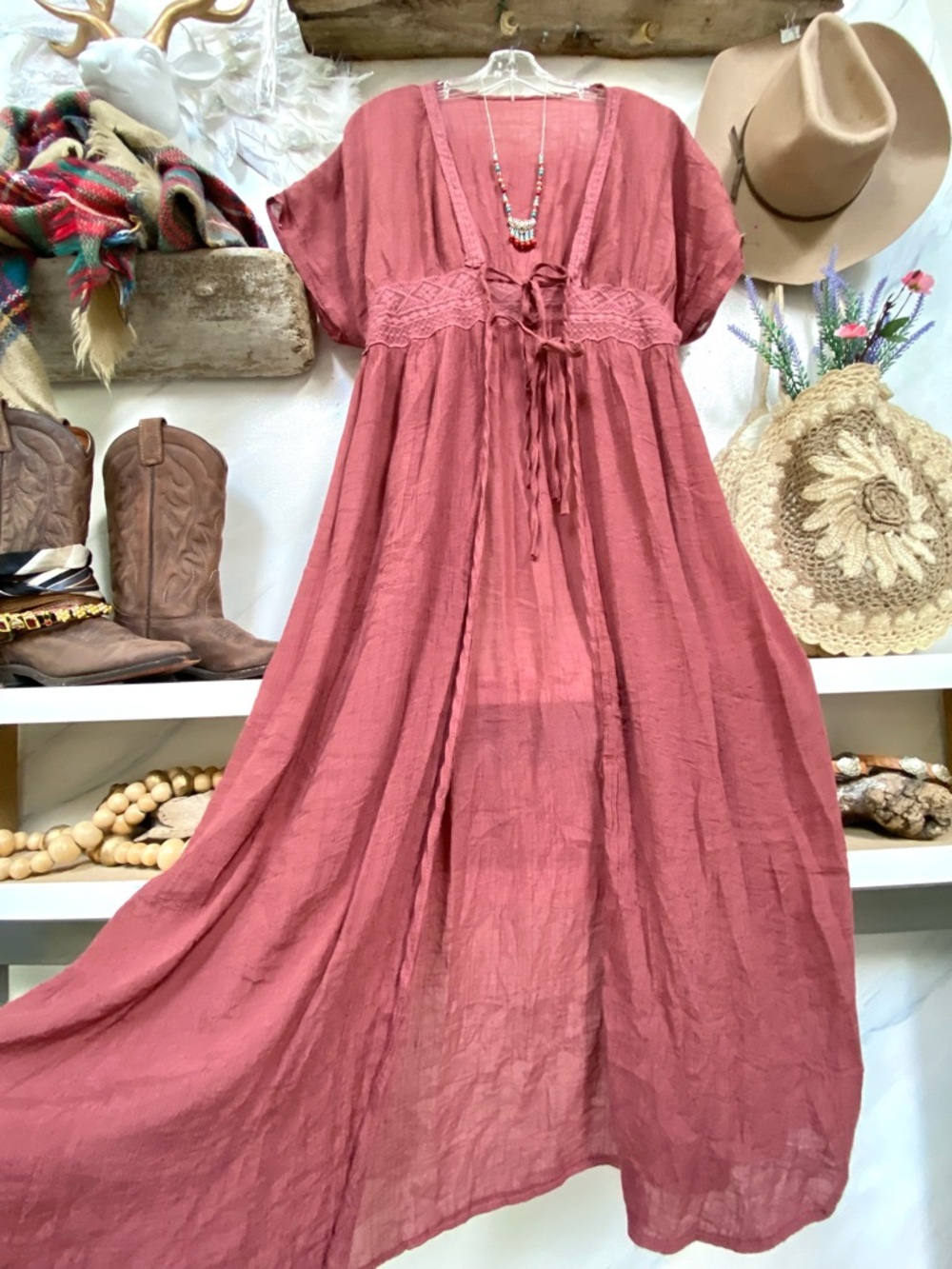 Dusty ROSE boho duster cover up w crochet detailing w southwestern beach vibe